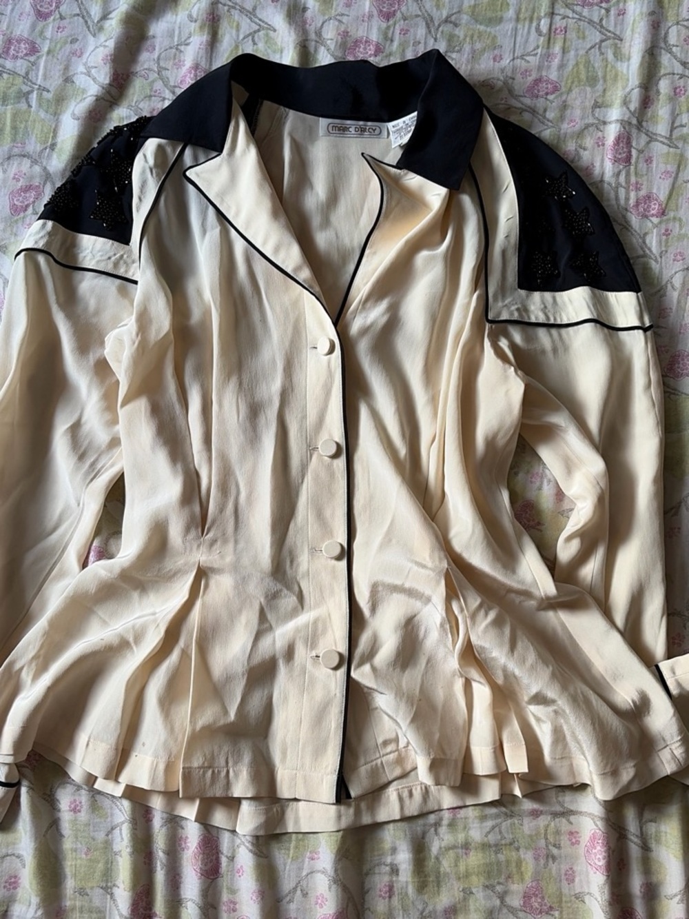 Vintage 80s Cream and Black Button-Front Blouse